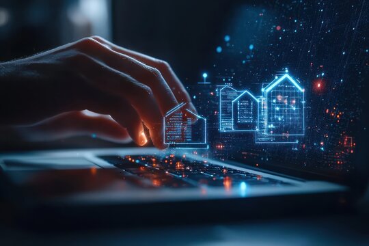 Mortgage Analysis for Real Estate Investment with Laptop and Graphs in Futuristic Style