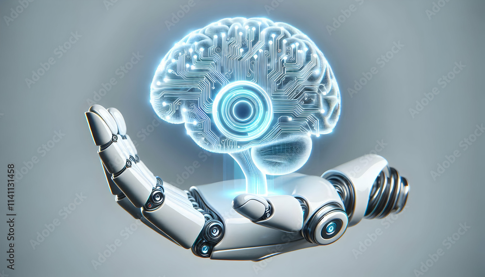 Aufkleber 3d macro shot of a robotic hand holding a glowing ai brain icon concept as a close up view of a robo