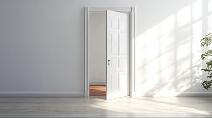 Bright half-open white door leading to an unknown luminous place with serene atmosphere and clean lines