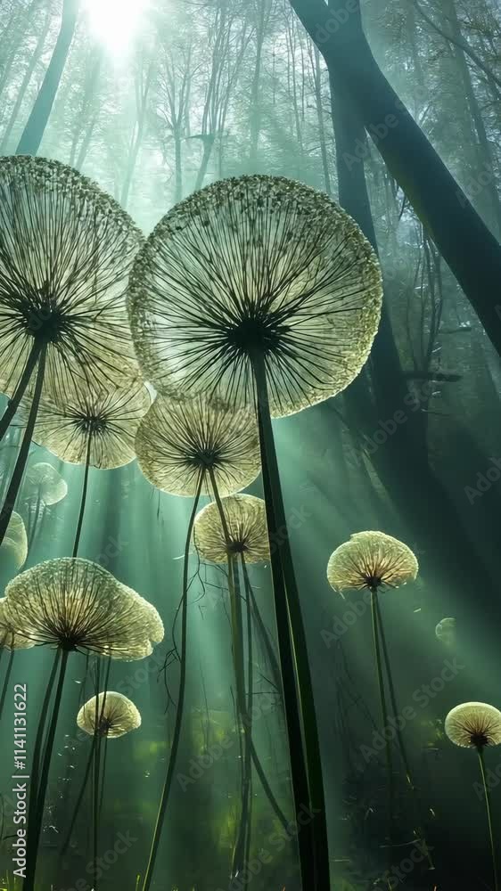 Poster unique light filtering through translucent mushroom-like structures in a misty forest at dawn