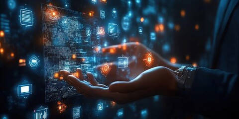 Futuristic Business Scene with Holographic Technology Interactions