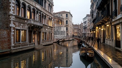 Fototapeta premium Gondolas reflecting in venice canal at dusk with illuminated buildings