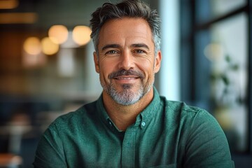 Obraz premium Professional Banker in Modern Office Happy Middle Aged Businessman Headshot Executive Portrait in Green Shirt
