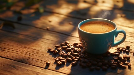cup of coffee on a background of coffee beans and on a wooden table