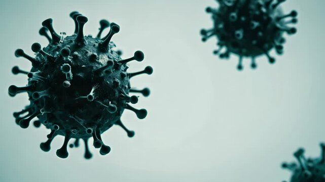 Virus animation, microscopic view of floating influenza virus cells, hologram futuristic bacterium virus cell in human body.
