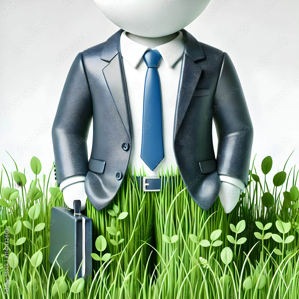 Poster 3d businessmans suit blending into field of grass with copy space concept as a glossy image where th