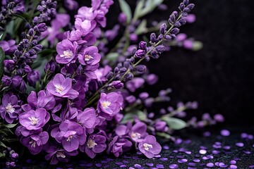 Purple flowers bouquet blooming on dark background with glitter