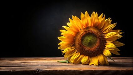 Obraz premium Big and delicious sunflower on an old wooden table with a black background, sunflower, big, delicious, fresh, vibrant, bloom