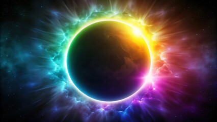 Obraz premium Solar eclipse overlay effect with neon blue, yellow, green, and purple blazing star edge behind planet in a dark sky