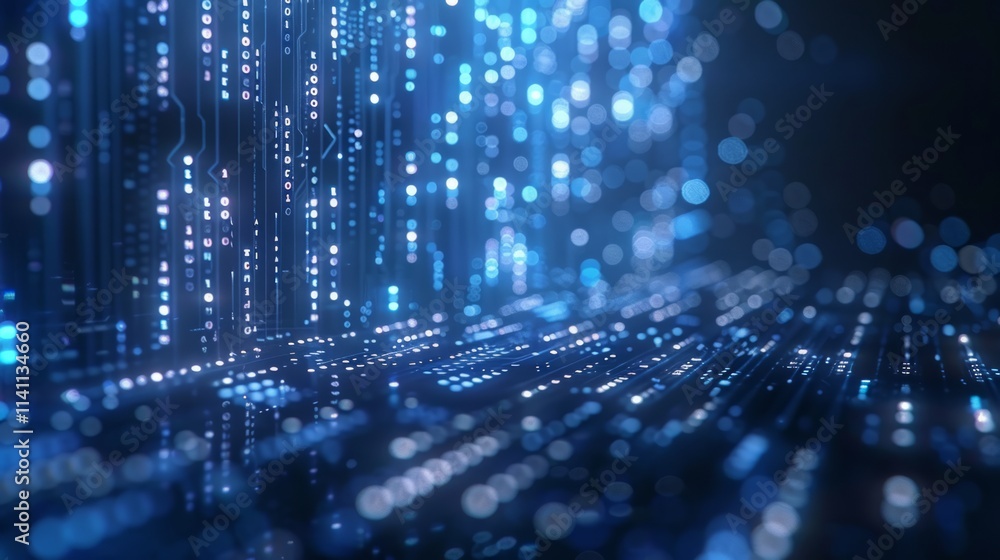 Poster blue data matrix flowing light pattern, digital tech.