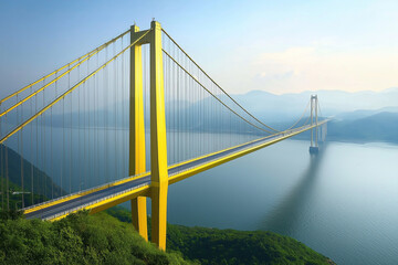 Naklejka premium Golden-yellow suspension bridge spanning a tranquil bay surrounded by green hills