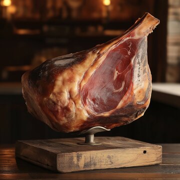 Whole cured jamon resting on a wooden jamonera stand, showcasing marbled texture