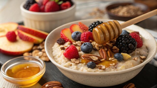 Oatmeal served in a bowl, topped with fresh berries, crunchy nuts, and a drizzle of honey, offers a nutritious and visually appealing breakfast option for healthy eating