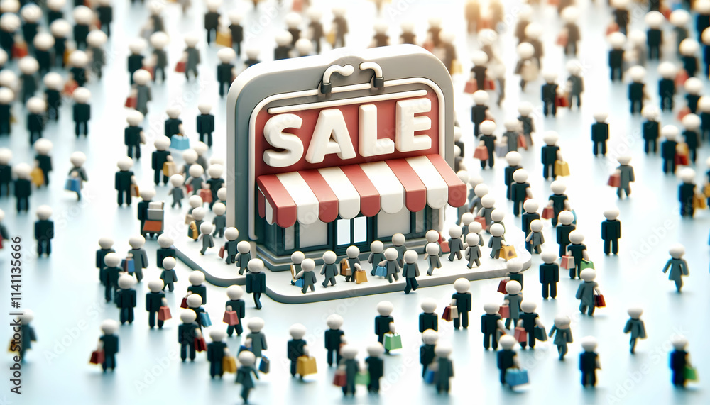 Poster 3d soft focus crowd with sharp focus on savings app concept as wide shot of a blurred crowd with a s