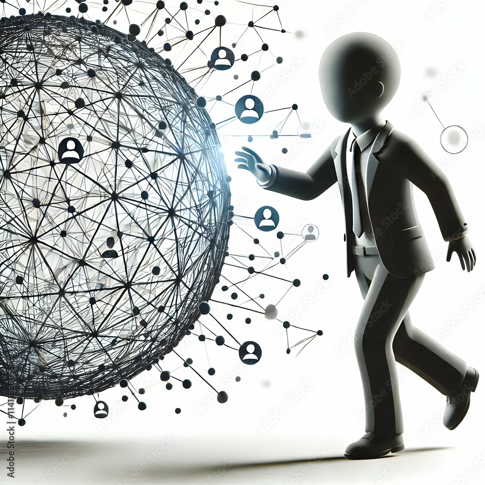 Aufkleber 3d abstract silhouette of businessman touching floating digital sphere with copy space concept as a 