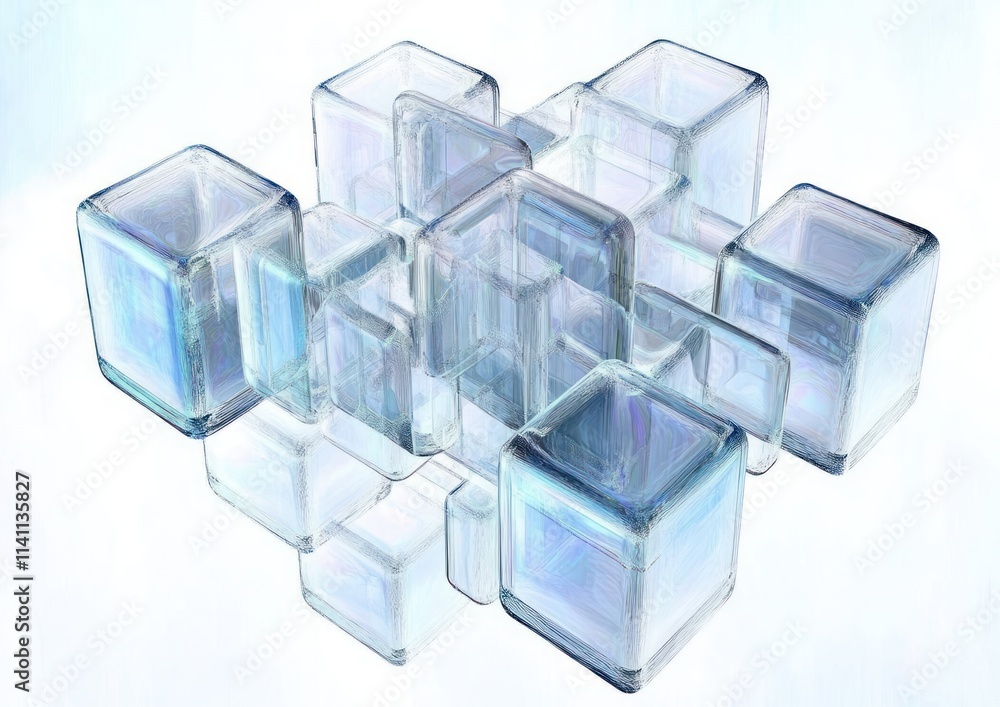 Poster futuristic abstract glass cube structure with ethereal lighting in a dynamic cascading design
