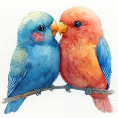 Obraz premium A Sweet watercolor painting of blue and orange bird couple expressing love