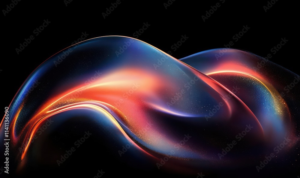 Poster iridescent abstract shape on dark background with soft ambient lighting in red blue and gold