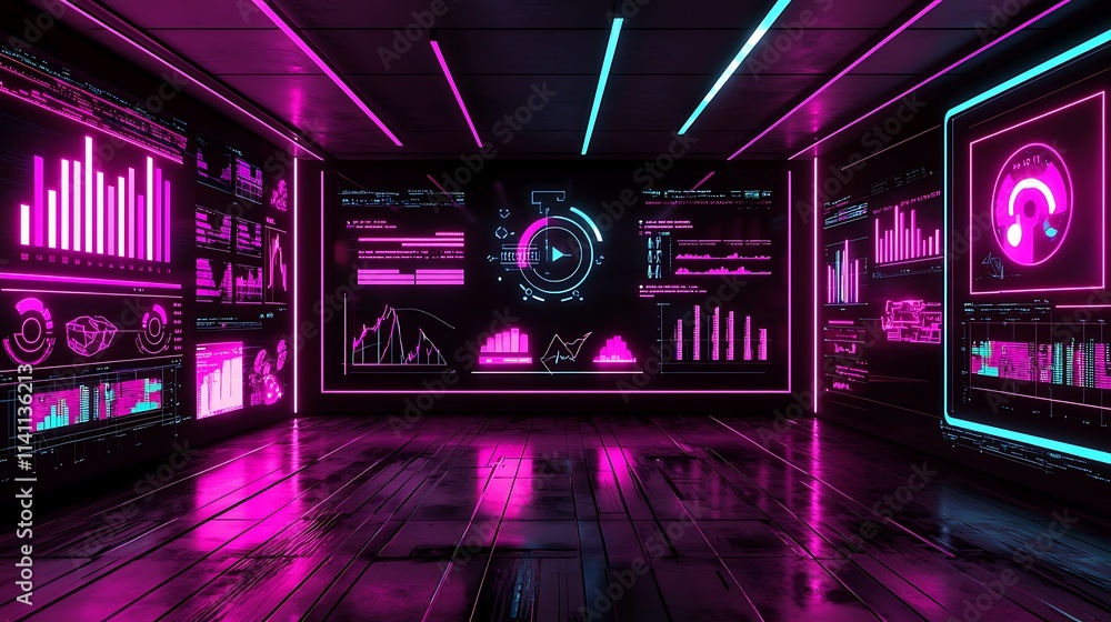 Poster neon-lit room with holographic data displays showing graphs, charts, and digital interfaces.