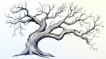 A tree with no leaves is drawn in black and white