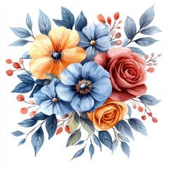 Fototapeta premium A vibrant mixed bouquet featuring blue, orange, and red flowers with green leaves, perfect for expressing love and joy
