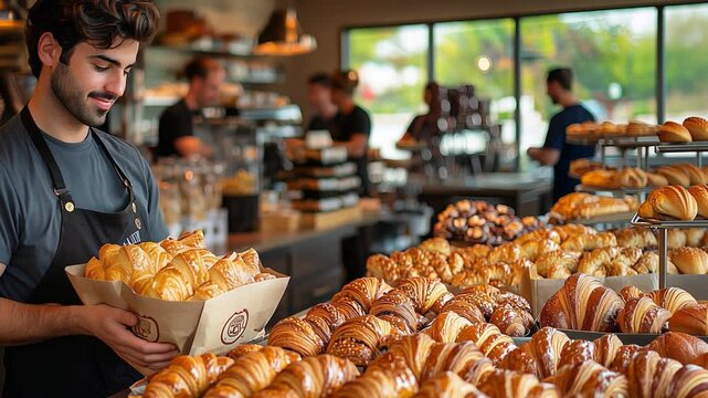 Bakery worker organizes fresh pastries in a busy cafe during morning rush hours