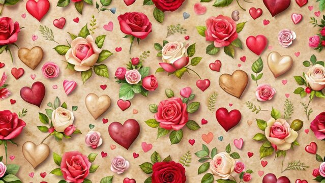 Romantic wrapping paper featuring hearts, roses, and love letters, romantic, wrapping paper, hearts, roses