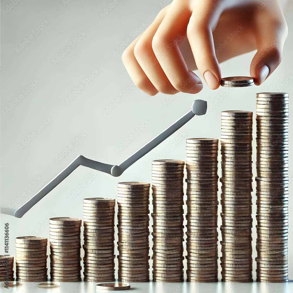Poster 3d a close up of hands stacking coins to form a graph symbolizing financial growth isolated on white