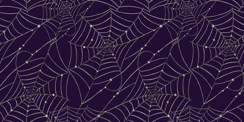 Spider web with black beads for Halloween party decoration on blue background watercolor illustration. Spider house isolated from background. Arachnophobia, pattern, wallpaper.