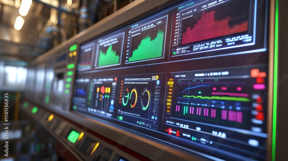 Poster a digital dashboard filled with colorful charts and indicators that represent the health of various 