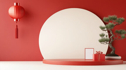 Red background holiday themed e-commerce product exhibition booth