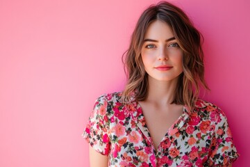 Fototapeta premium Portrait of a Young Woman with Floral Shirt Against a Pink Background