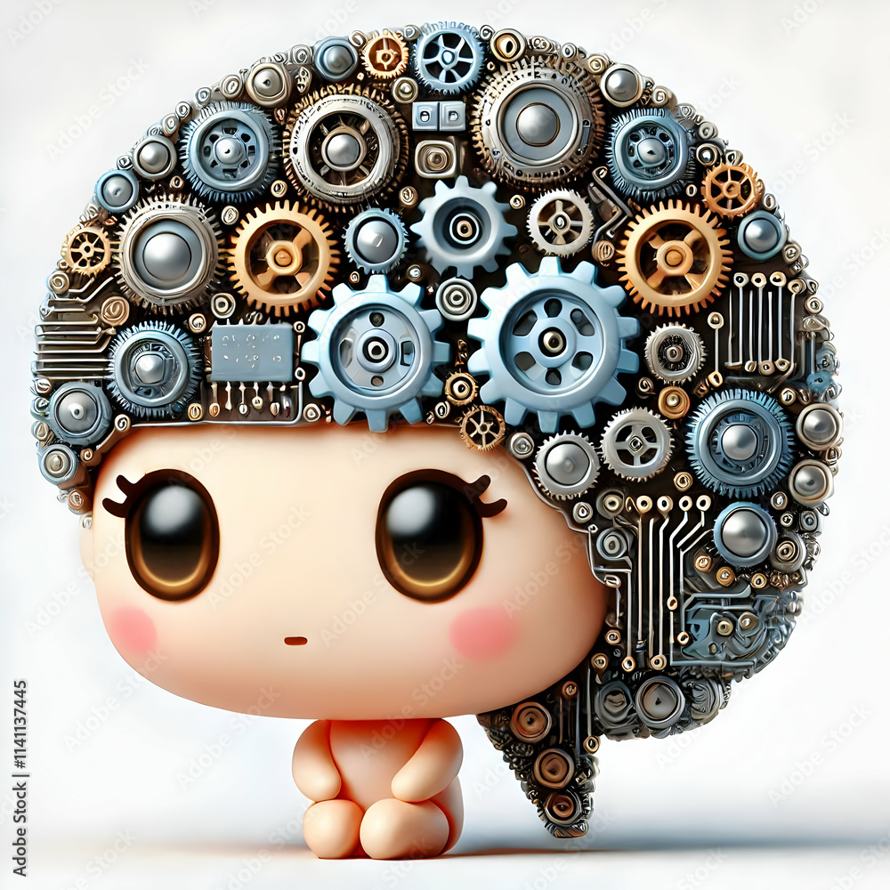 Poster 3d abstract human brain composed of mechanical gears and circuits concept as a human brain formed by