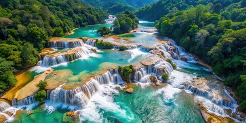 Aerial view of the stunning Agua Azul waterfalls in Chiapas, Mexico , Agua Azul, Chiapas, Mexico