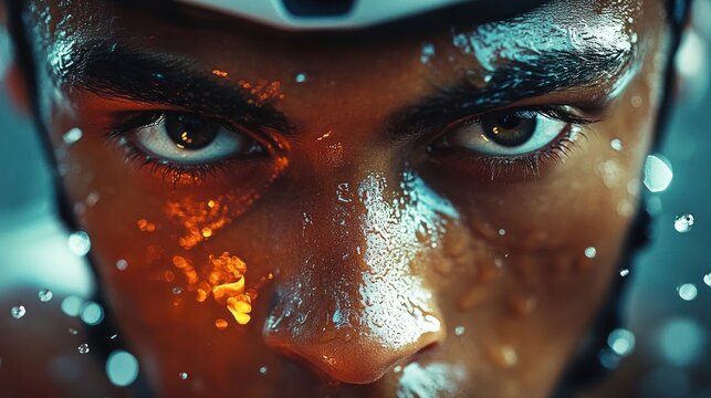 Close-up portrait of a cyclist woman in track cycling competition with dramatic lighting and focus