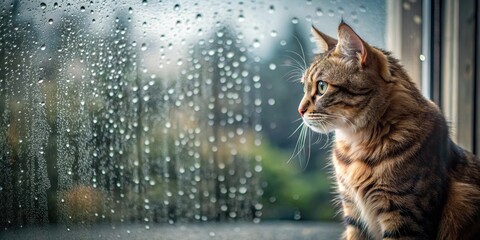 Sad lonely cat looking at rainy window, waiting for owner , Sad, depressed, cat, lonely, pet, alone, rainy, window