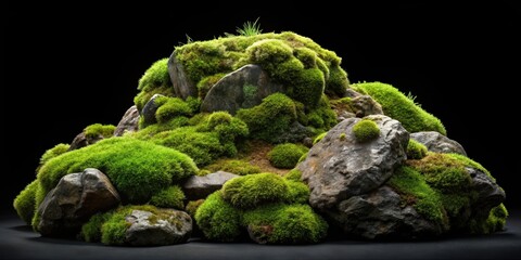 Moss-covered rocks isolated on solid black backdrop , moss, rocks, isolated, black, texture, nature, green, plant, stone
