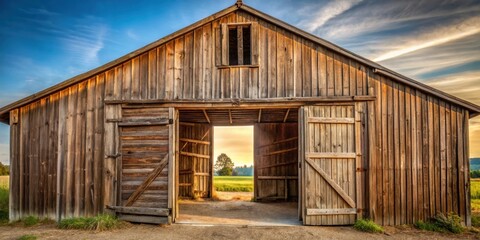 Fototapeta premium Rustic barn with open door, showcasing a glimpse of the interior, barn, rustic, door, open, wooden, farm, countryside