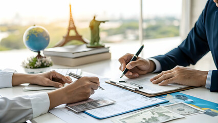 Travel consultant negotiating travel packages on plain background concept as Travel consultant negotiating travel packages and rates with clients on a desk with a plain background symbolizing the marg