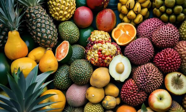 A vibrant assortment of fresh fruits displayed in a colorful arrangement.