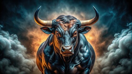 Dark moody scene showcases a fierce bull's elegant stance; high depth of field emphasizes detail.