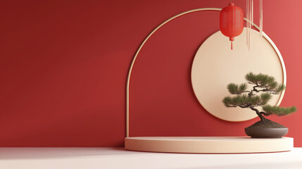 Red background holiday themed e-commerce product exhibition booth