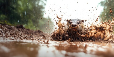 Playful Otter Sliding Down Muddy Riverbank Outdoor Nature Wildlife Photography Wet Environment Low Angle View Joyful Concept