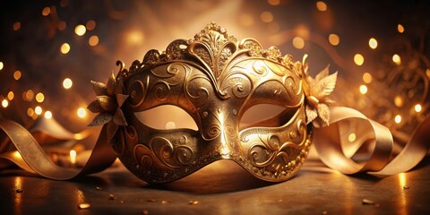 Luxurious golden mask adorned with intricate designs and ribbons, luxury, gold, mask, intricate, design, ribbon