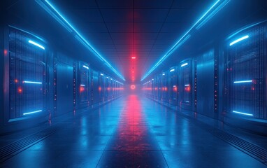 Futuristic Cyberpunk Data Center Corridor with Neon Lighting and Sleek Glass Walls