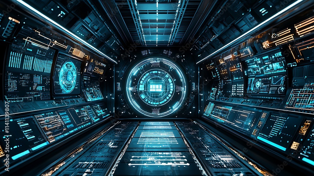 Poster Futuristic spaceship corridor with holographic interface and digital displays.