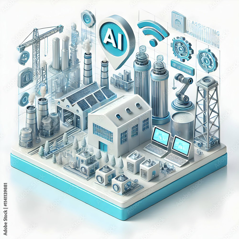 Poster 3d glossy image of ai assisted manufacturing assembly line with copy space concept as a glossy image