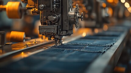 Fototapeta premium A close-up of an industrial sewing machine stitching denim fabric in a factory setting.