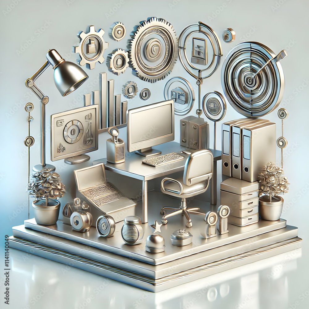 Poster 3d elegant home office with automated gadgets concept as a glossy background depicting an elegant ho