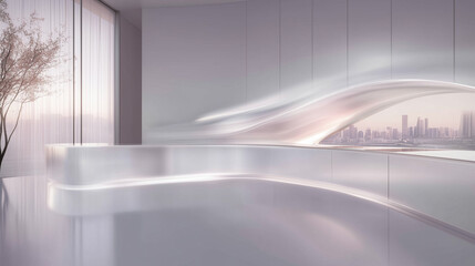 A bright, minimalist kitchen of the future. Sleek white cabinets and countertops contrast with futuristic appliances